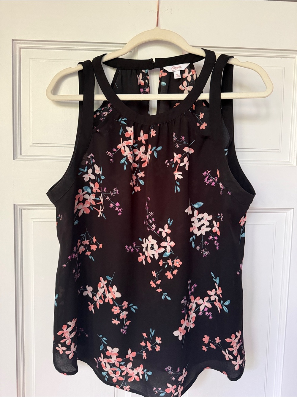 Candie's Black Floral Halter Neck Camisole with Pink & Blue Blooms